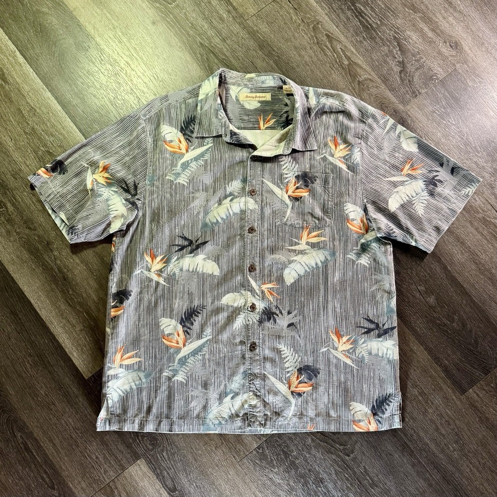 Tommy Bahama Shirt Mens Extra Large Birds Of Paradise Silk Hawaiian Grey Floral
